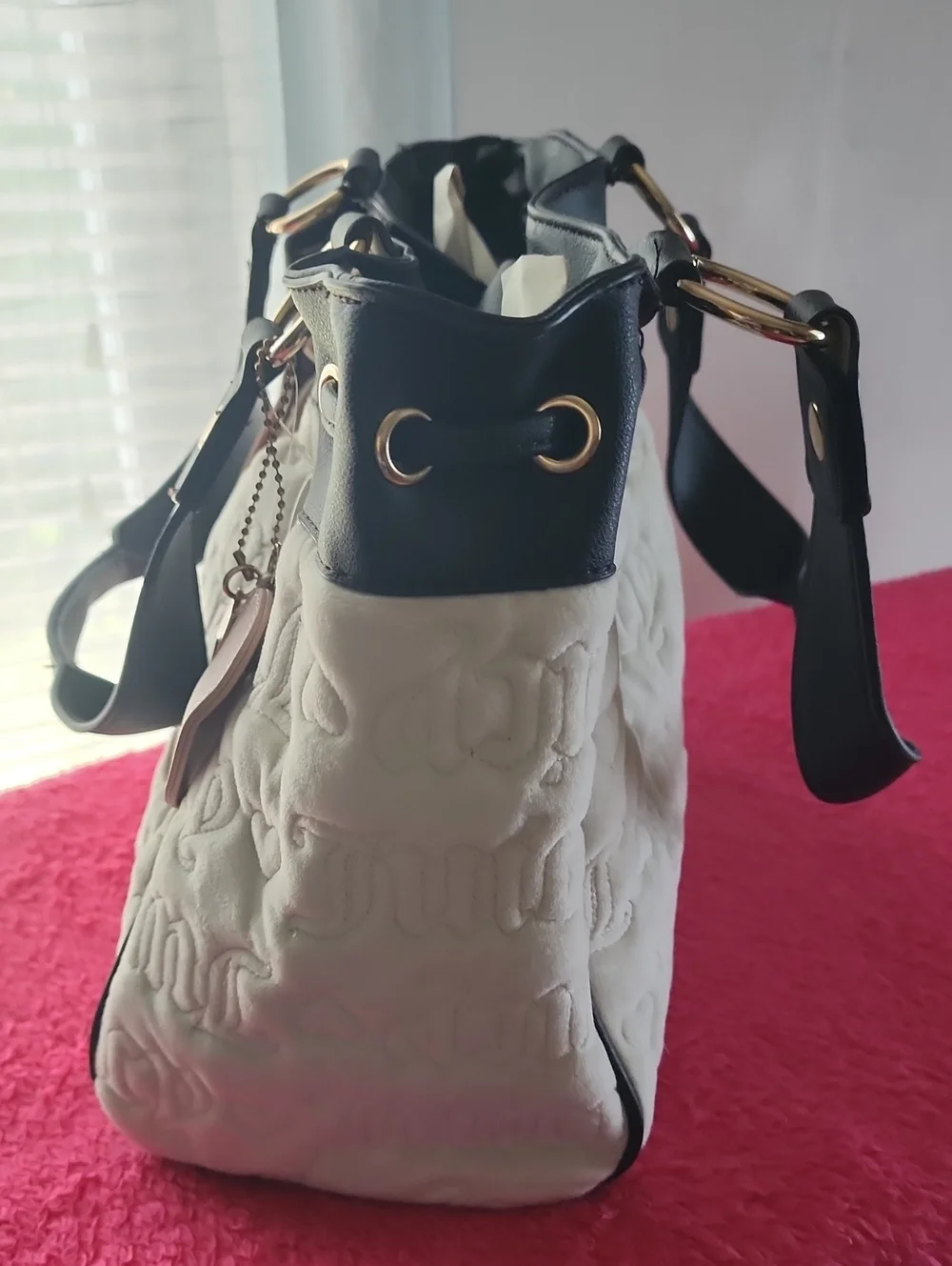 Juicy Couture White Quilted Tote with Black Trim and Pink Heart Charm